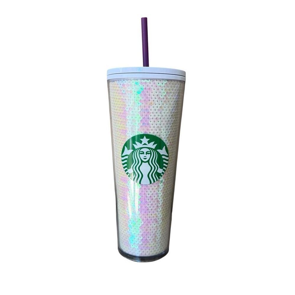 Starbucks 2020 Holiday White Iridescent Sequin Tumbler 24oz cold cup with straw